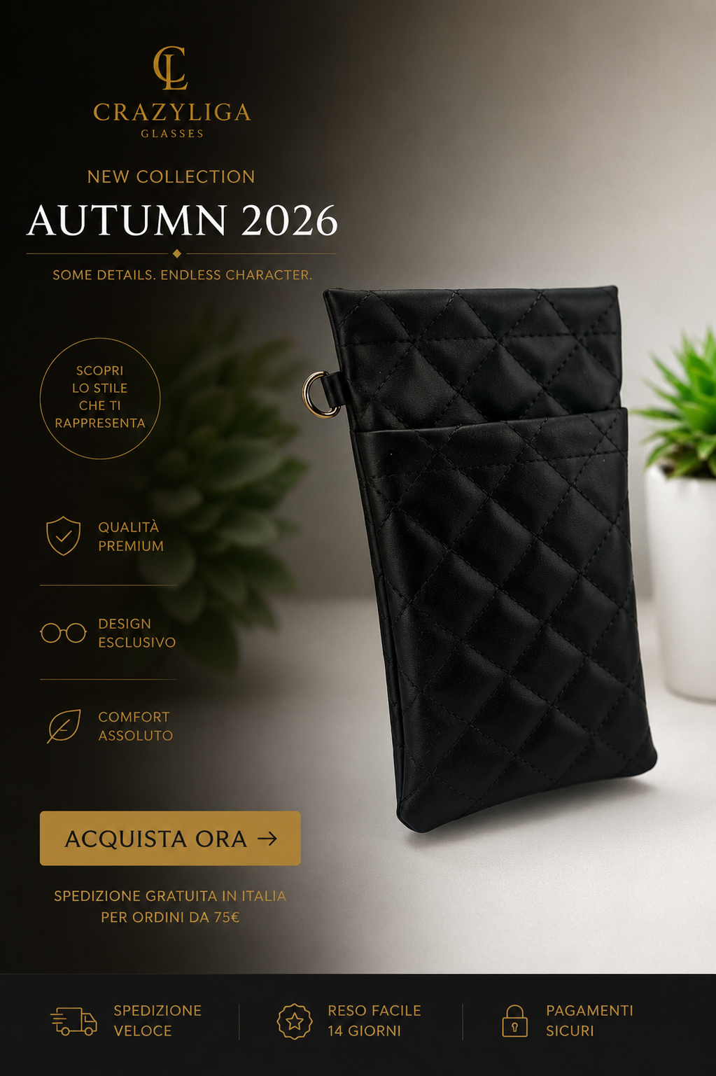 Portaocchiali e Custodia per occhiali con tasca e anello gancio dorato