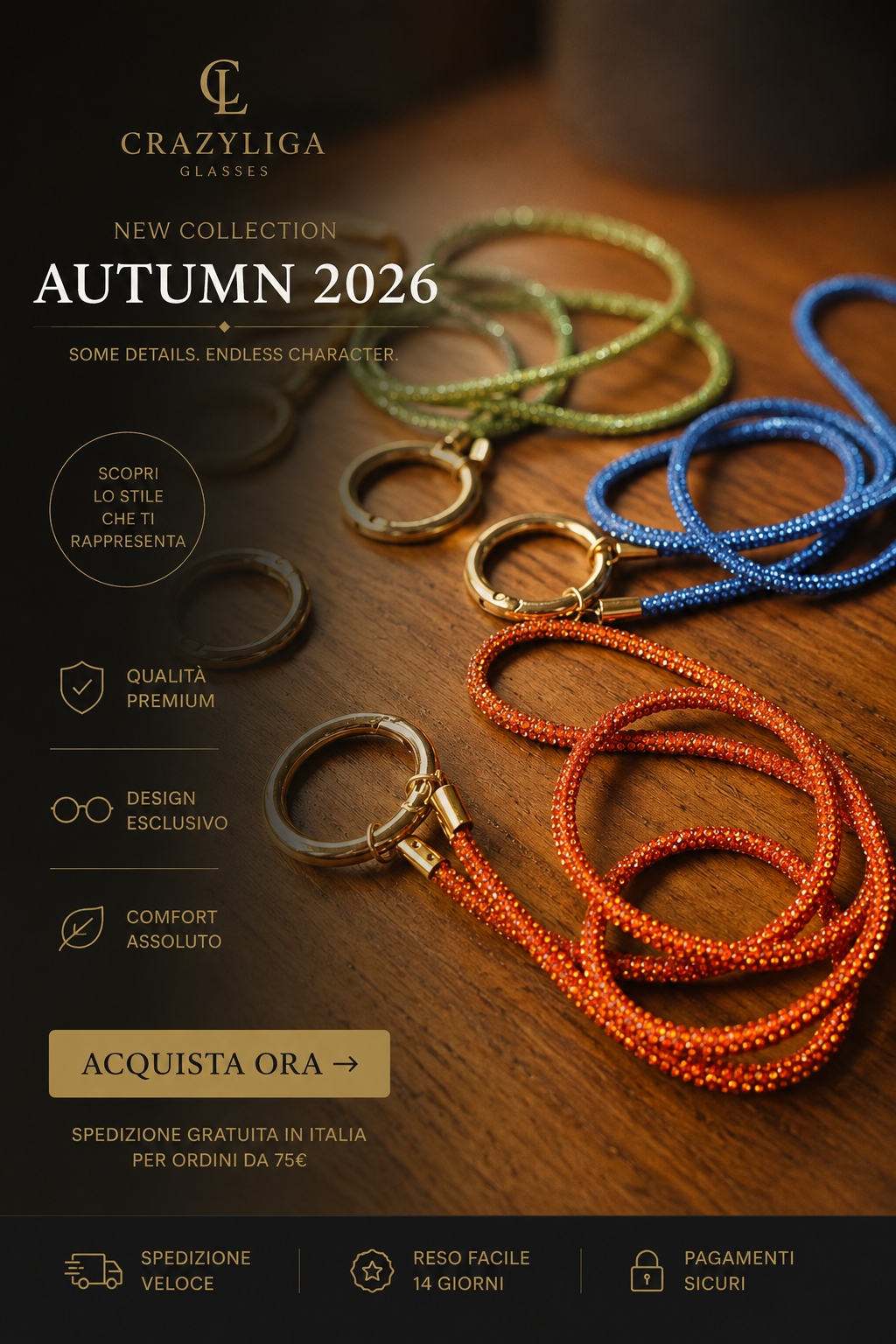 Tak Laccio collana strass portaocchiali con anello dorato